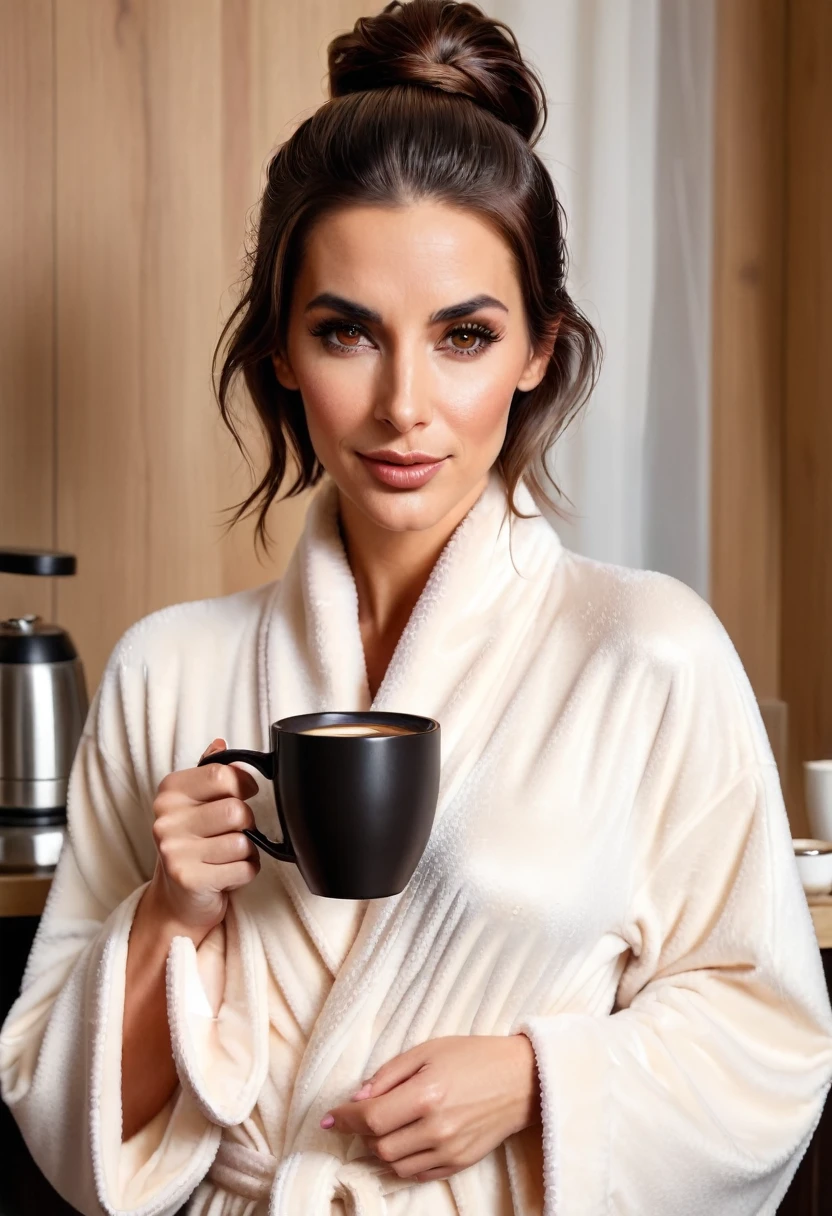 bearded lady shaggy, brown eyes, wet brown hair slicked back, big nose, in dressing gown serves coffee
