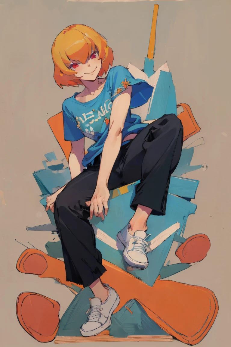 ((Highest quality)), ((masterpiece)), (be familiar with),Clementine,Overload,nsfw,Blue T-shirt,No sleeve,Green Embroidery,White shoes,Fascinating,Black pants,Bewitching Smile,whole body