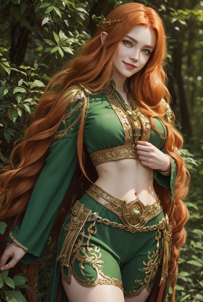 masterpiece, fulllength, perfect body, perfect face, ginger hair, long braided hair, fantasy character, druid, wood elf, perfect breasts, thighs, midriff, green eyes, magical, smiling, muscular, abs