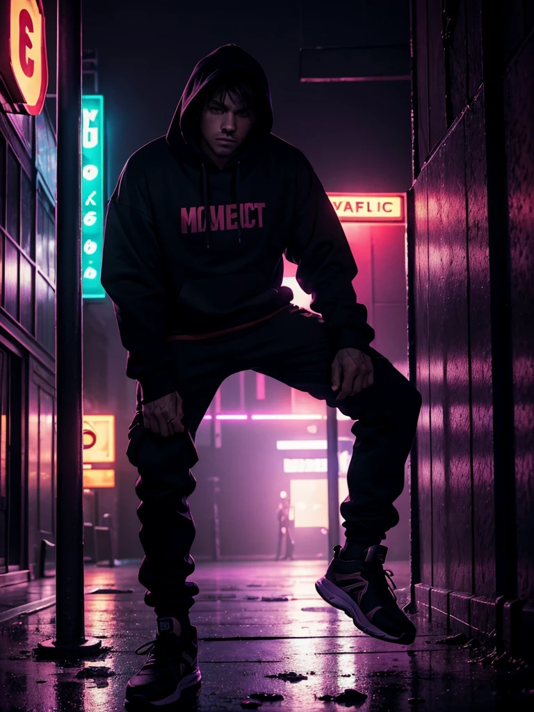 a man leaning on a pillar, head tilted down, wearing a hoodie, purple and red light, night, moody atmosphere, cinematic lighting, dramatic shadows, high contrast, muted colors, gritty urban setting, grunge style, realistic details, hyper-realistic, masterpiece, high resolution, 8k