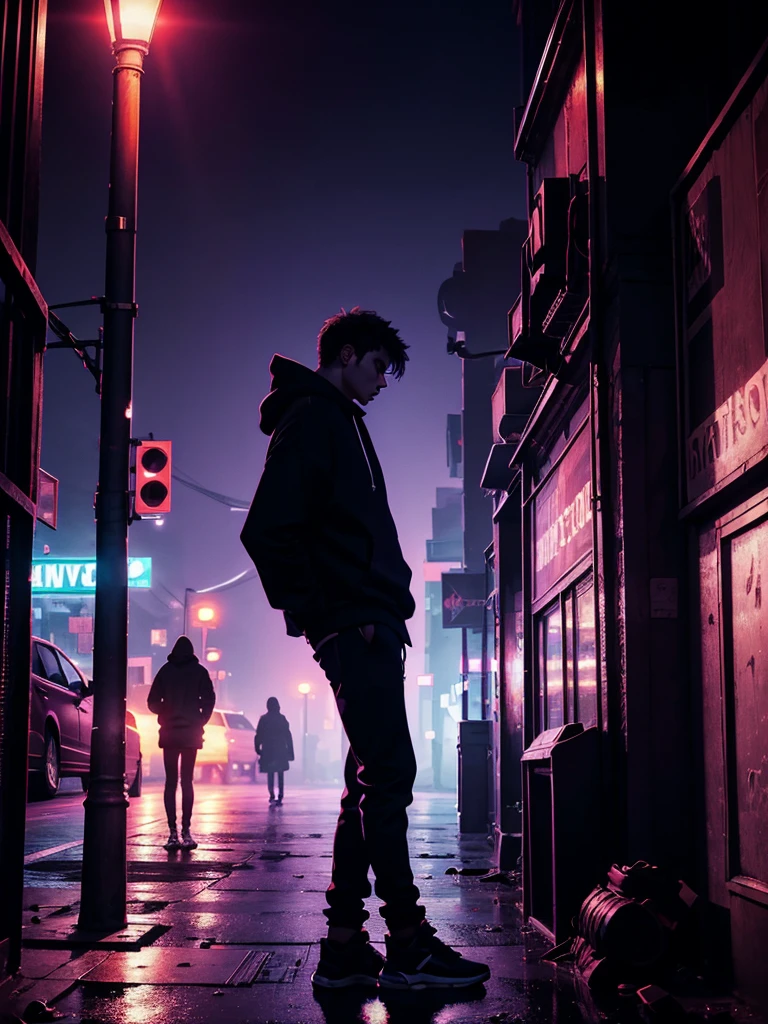 a man leaning on a pillar, head tilted down, wearing a hoodie, purple and red light, night, moody atmosphere, cinematic lighting, dramatic shadows, high contrast, muted colors, gritty urban setting, grunge style, realistic details, hyper-realistic, masterpiece, high resolution, 8k