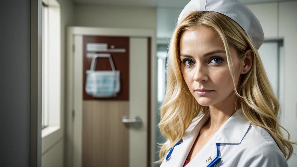 /In a hospital, with a clipboard in her hands, a nurse, a woman, blonde hair, medium hair, brown eyes, 40 years old, serious expression, she is wearing a nurse's uniform, her environment is the hospital.Real image, High definition image , HD image, image quality.