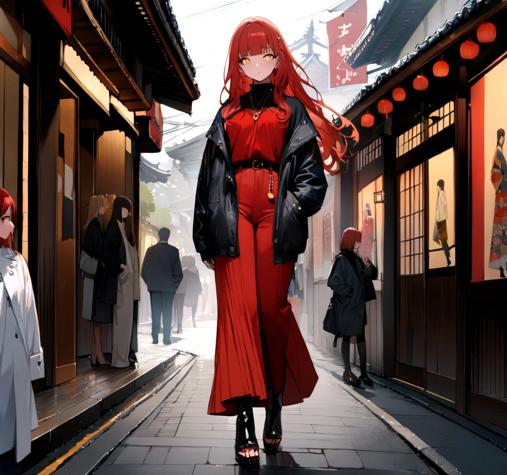 girl,full body,(detailed face:1.2), pure background,masterpiece, fashion,tokyo,kyoto, long hair, red hair, bangs, RED* AND GOLDEN eyes (detailed eyes), ((high quality)), (masterpiece), grandes peitos
