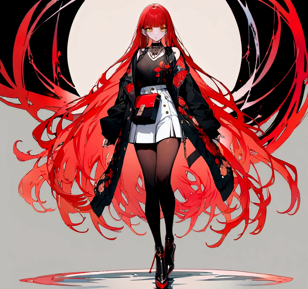 girl,full body,(detailed face:1.2), pure background,masterpiece, fashion,tokyo,kyoto, long hair, red hair, bangs, RED* AND GOLDEN eyes (detailed eyes), ((high quality)), (masterpiece), grandes peitos
