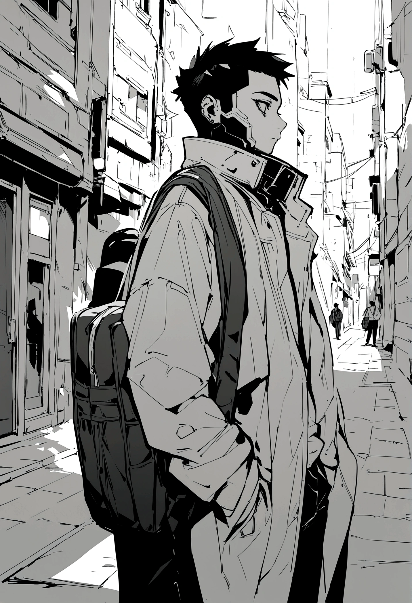 Masterpiece, Best Quality, 1 man, uniform, hand in pocket, school bag, black fur, black eyes, cyberpunk, street, monochrome, line art