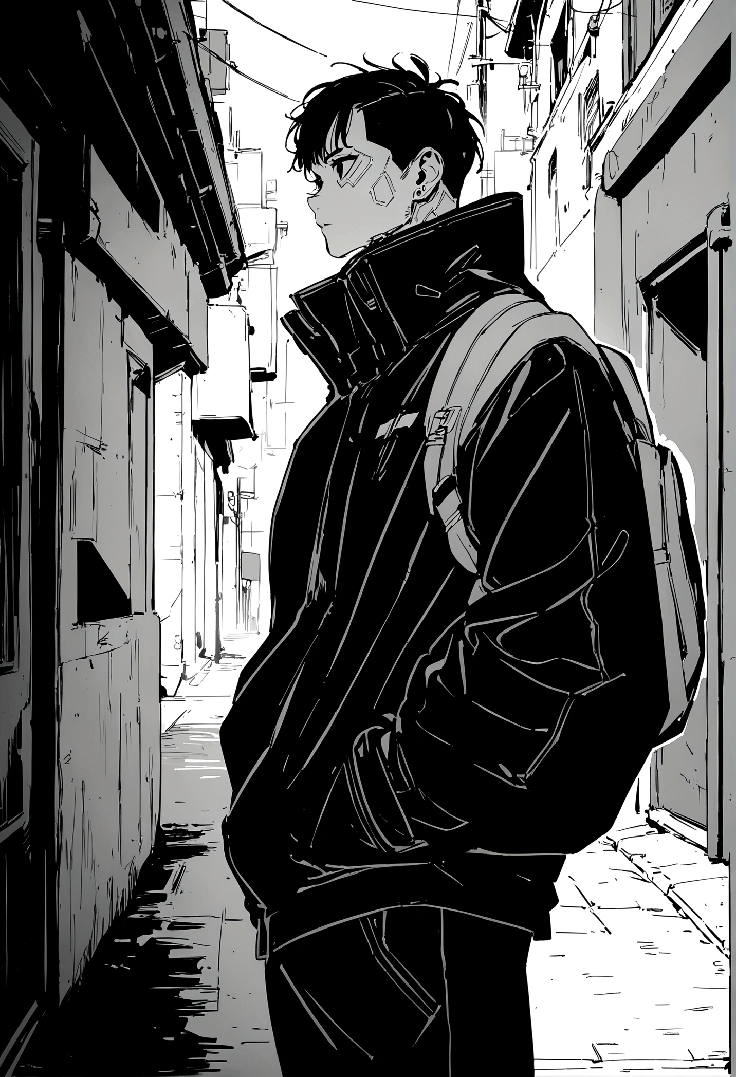 Masterpiece, Best Quality, 1 man, uniform, hand in pocket, school bag, black fur, black eyes, cyberpunk, street, monochrome, line art