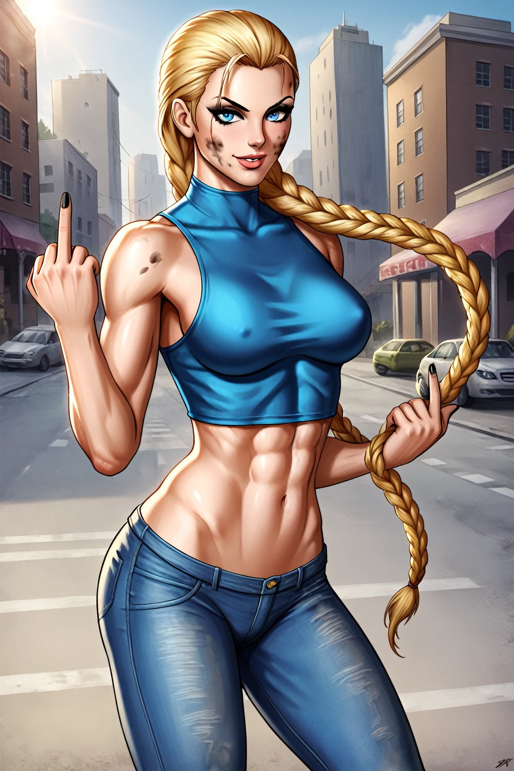 A sexy bad bitch, street style, vulgar, vulgar clothes, middle finger, blue jean shirt, croptop, teen, long blond hair, blue eyes, very black eyeliner, black nail, bitch position. Dirty street background. detailed, masterpiece, UHD