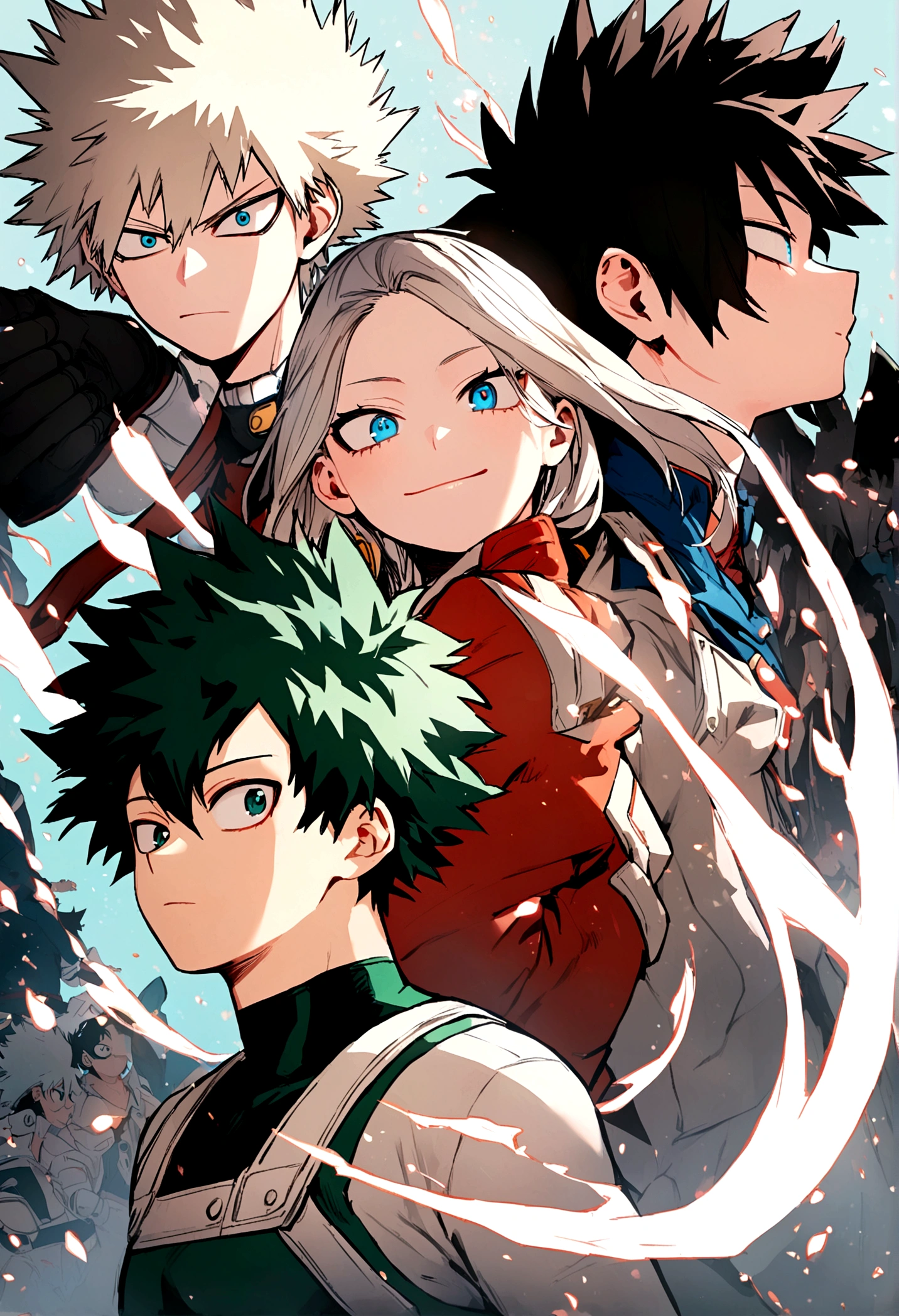 My hero academia, girl with short black hair and blue eyes, thin, with Izuku Midoriya, Katsuki Bakugo and Shoto Todoroki