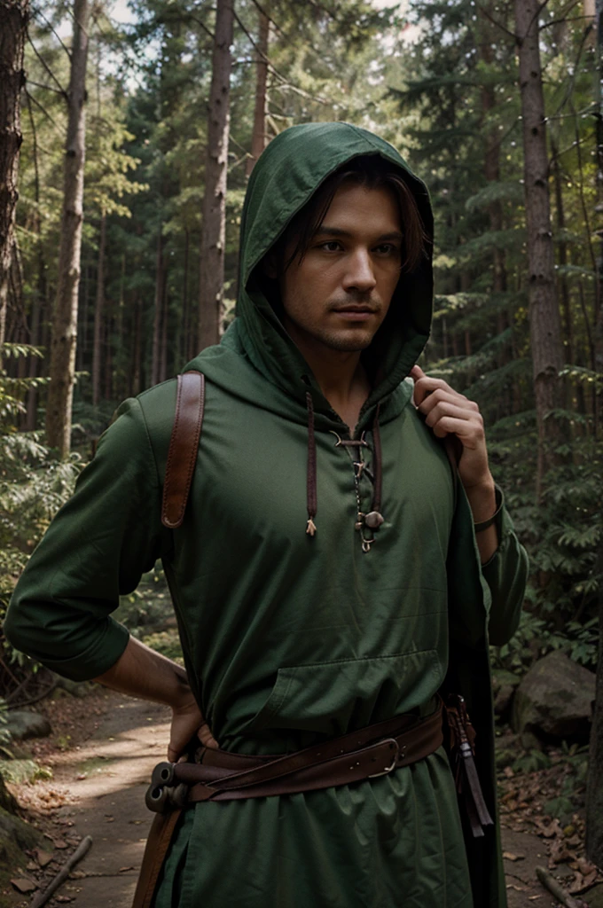 Illustration of Robin Hood surrounded by forests and wearing a hood with a cloak
