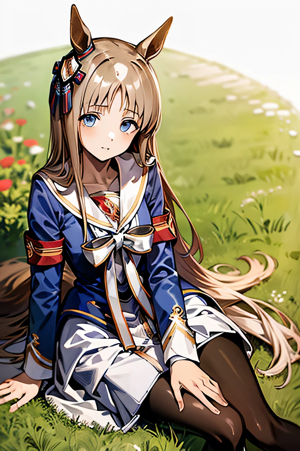 grass wonder \(Umamusume\), 1 girl, Solo, Best Quality, masterpiece, 8K, High resolution, Ultra-detailed, sitting on the ground, Blue jacket, White sailor color, Long sleeves, White skirt, black pantyhose,