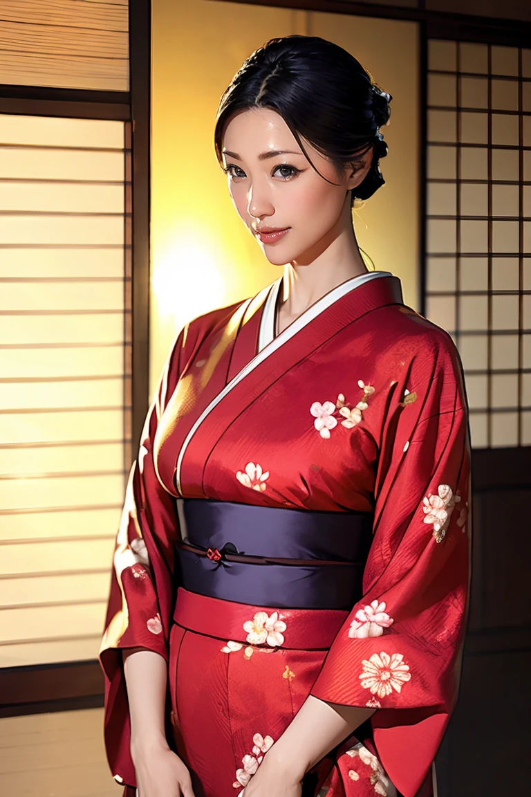 (Highest quality、Tabletop、Best image quality、Award-winning works)、 The proprietress of a beautiful inn、(Beautiful kimono with elegant large floral pattern:1.3)、Perfect female portrait photography、Glowing Skin、Standing Elegantly、(Blurred background of elegant Japanese-style room in luxury ryokan:1.3)、(The most elegant Japanese-style room:1.1)、(Elegant and beautiful shoji screens:1.1)、(Elegant and beautiful sliding doors:1.1)、Tatami room、(An elegant and perfect Japanese-style room:1.1)、(The most romantic and moody:1.1)、(Tyndall effect:1.2)、Great cinema lighting、Glowing Skin、smile、(Large Breasts:1.1)、(Voluptuous body:1.1)、Accentuate your body lines、Upper body photo、Chignon、smile、standing elegantly、Elegant standing posture