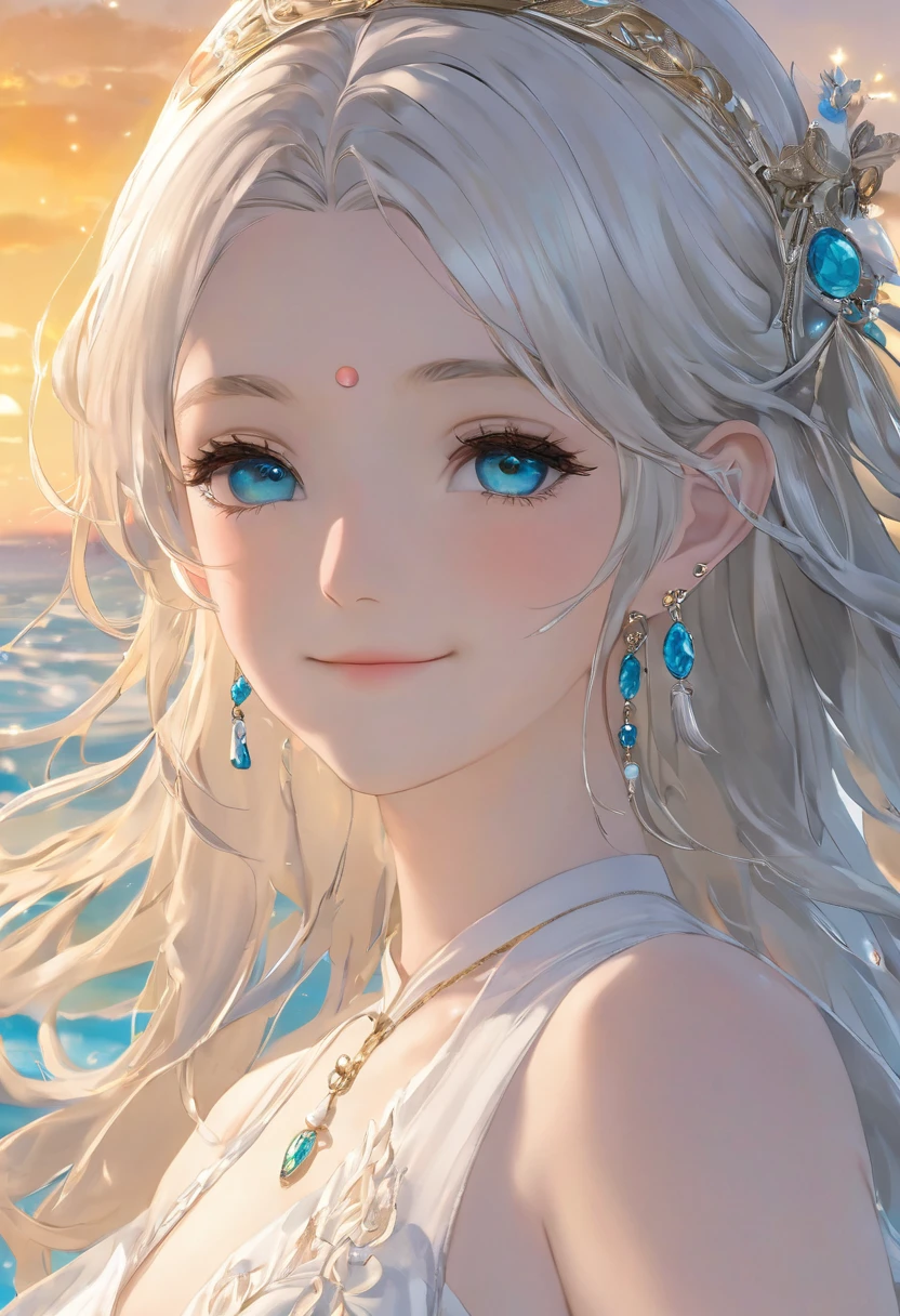 ((最high quality)), ((masterpiece)), (Detailed face and eyes:1.2), Perfect Face,anime character、masterpiece, Great painting, figure,8K, Super detailed, high quality, A woman with a goddess-like smile,euphilia, One Girl,長いブロンドの髪とDarkturquoise eyesをしたWhite Dressを着たアニメの*** ブルゴーニュ, Platinum Earrings, Platinum Necklace, White Dress, One girl, cute, (Dynamic Light: 1.2), Cinematic Light, Delicate facial features, Fine grain, Sharp pupils、Sandy Beach、White beach、Swimwear、