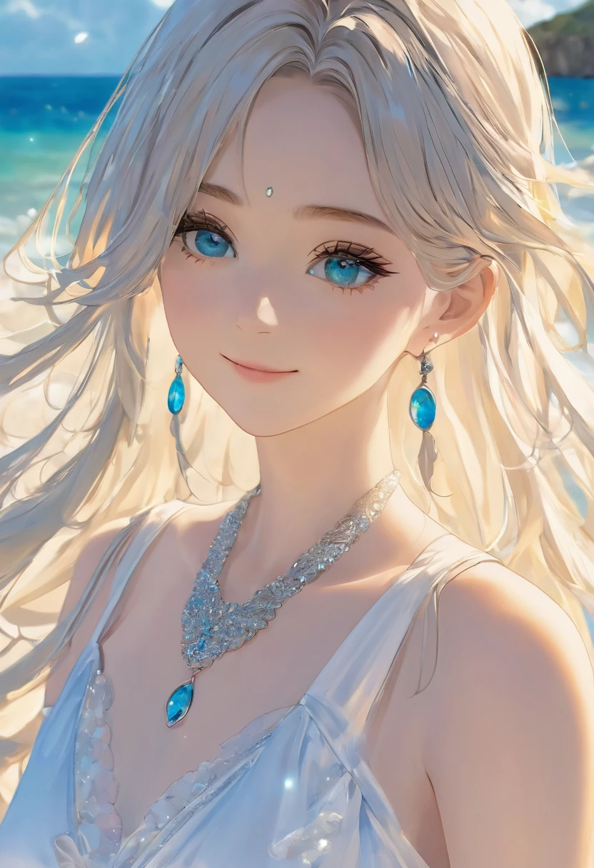 ((最high quality)), ((masterpiece)), (Detailed face and eyes:1.2), Perfect Face,anime character、masterpiece, Great painting, figure,8K, Super detailed, high quality, A woman with a goddess-like smile,euphilia, One Girl,長いブロンドの髪とDarkturquoise eyesをしたWhite Dressを着たアニメの女の子 ブルゴーニュ, Platinum Earrings, Platinum Necklace, White Dress, One girl, cute, (Dynamic Light: 1.2), Cinematic Light, Delicate facial features, Fine grain, Sharp pupils、Sandy Beach、White beach、Swimwear、