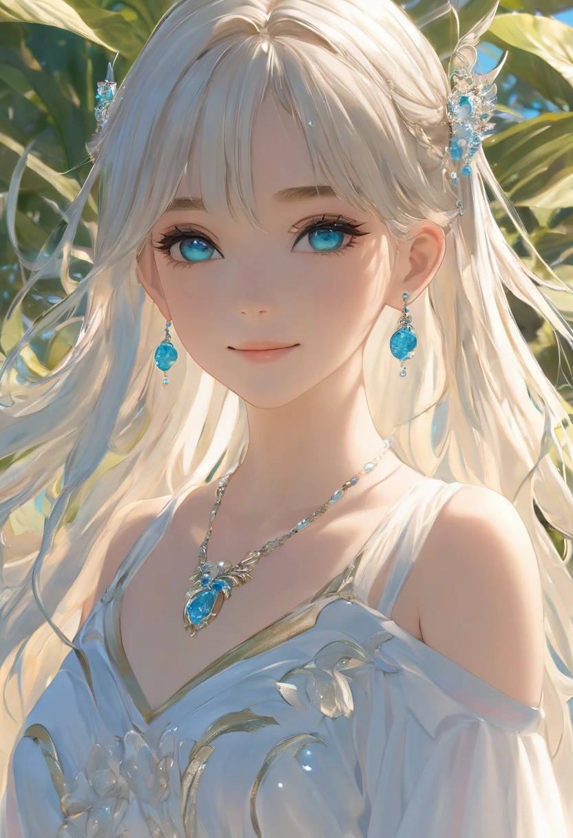 ((最high quality)), ((masterpiece)), (Detailed face and eyes:1.2), Perfect Face,anime character、masterpiece, Great painting, figure,8K, Super detailed, high quality, A woman with a goddess-like smile,euphilia, One Girl,長いブロンドの髪とDarkturquoise eyesをしたWhite Dressを着たアニメの女の子 ブルゴーニュ, Platinum Earrings, Platinum Necklace, White Dress, One girl, cute, (Dynamic Light: 1.2), Cinematic Light, Delicate facial features, Fine grain, Sharp pupils、Sandy Beach、White beach、Swimwear、