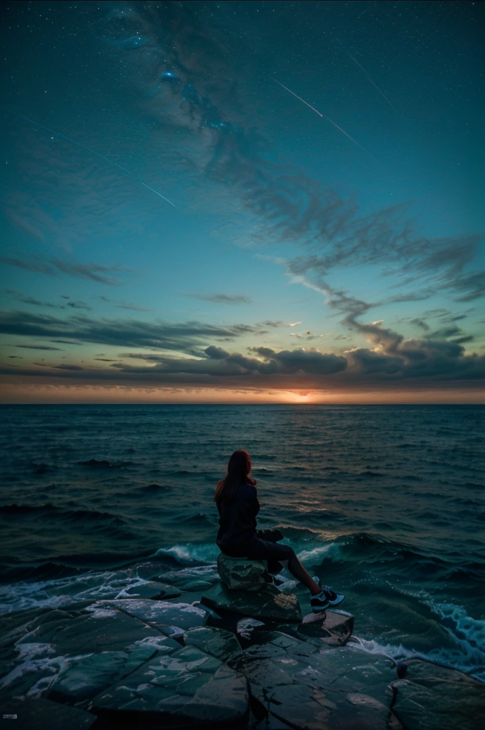 there is a person sitting on a rock looking out at the ocean, looking out over the sea, pensive , fading off to the horizon, looking out at the ocean, looking into the horizon, gazing off into the horizon, gazing at the water, looking into the distance, somber mood, looking off into the distance, standing beside the ocean, dark sky, 8K, perfect photo, realistic photo, fade, film, cinematic color