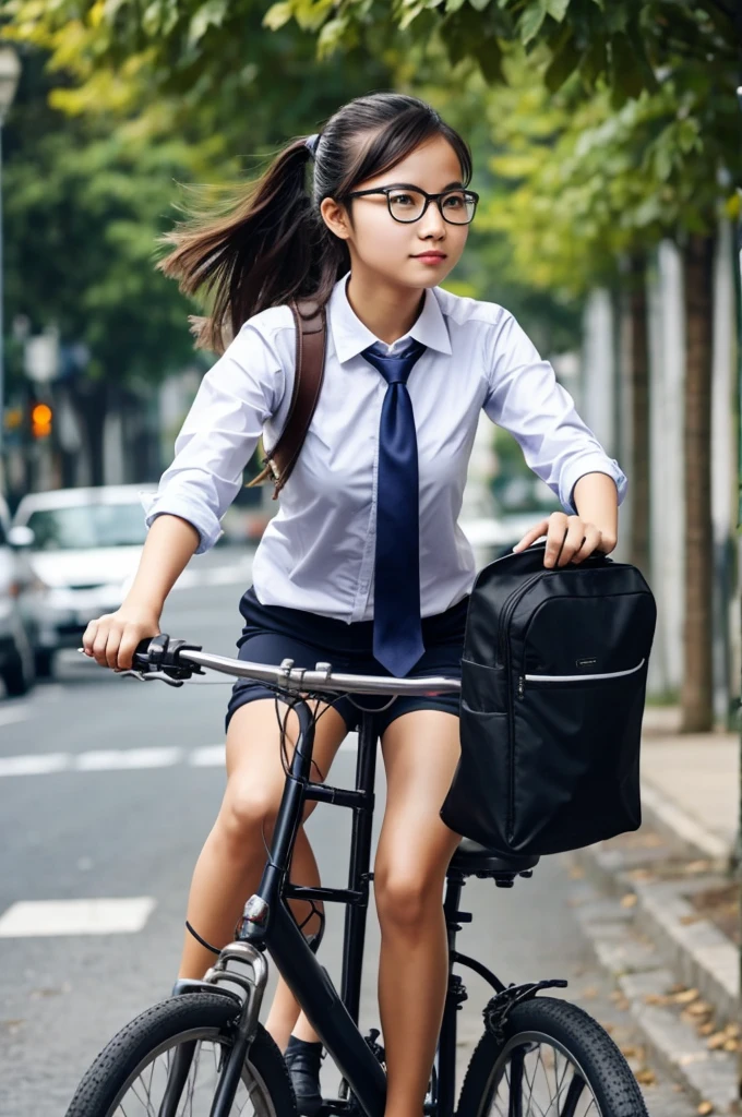 A Girl wear glasses, gỗ bicycle, tie hair on both sides