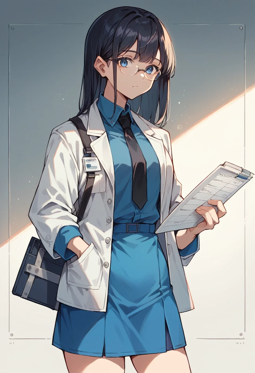A scientist anime girl with medium length black hair, blue eyes, 20 years old, tall, wearing blue clothes, white scientist jacket, blue short skirt, black tie, glasses, holding a list, alone and in the science room