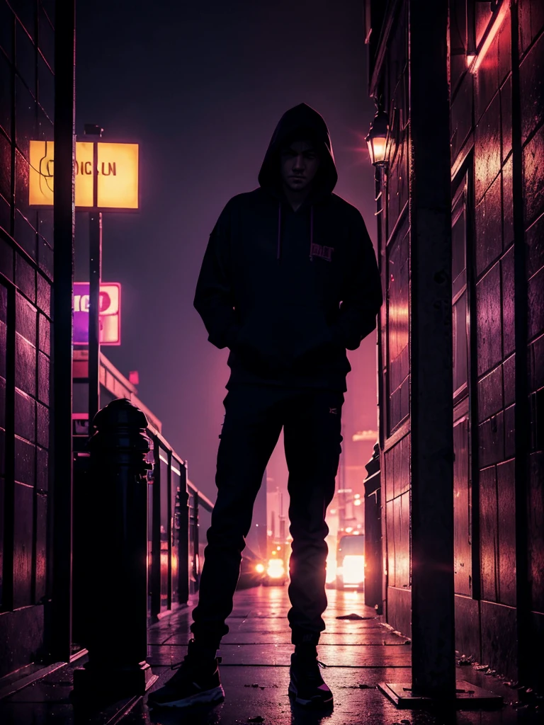 a man leaning on a pillar, head tilted down, wearing a hoodie, purple and red light, night, moody atmosphere, cinematic lighting, dramatic shadows, high contrast, muted colors, gritty urban setting, grunge style, realistic details, hyper-realistic, masterpiece, high resolution, 8k