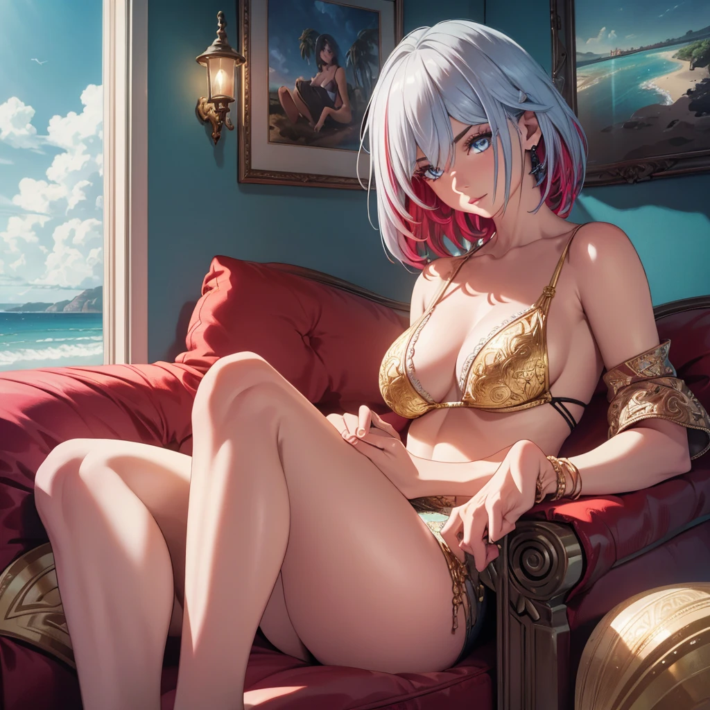 a woman sitting on a sofa in a beach house, beautiful detailed eyes, beautiful detailed lips, extremely detailed eyes and face, long eyelashes, intricate details, ambient lighting, golden hour, cinematic, realistic, photorealistic, 4k, high resolution, masterpiece, dramatic lighting, vibrant colors, warm tones, tropical atmosphere, ocean view, sand, palm trees, cozy interior, elegant furniture, soft fabrics, comfortable setting