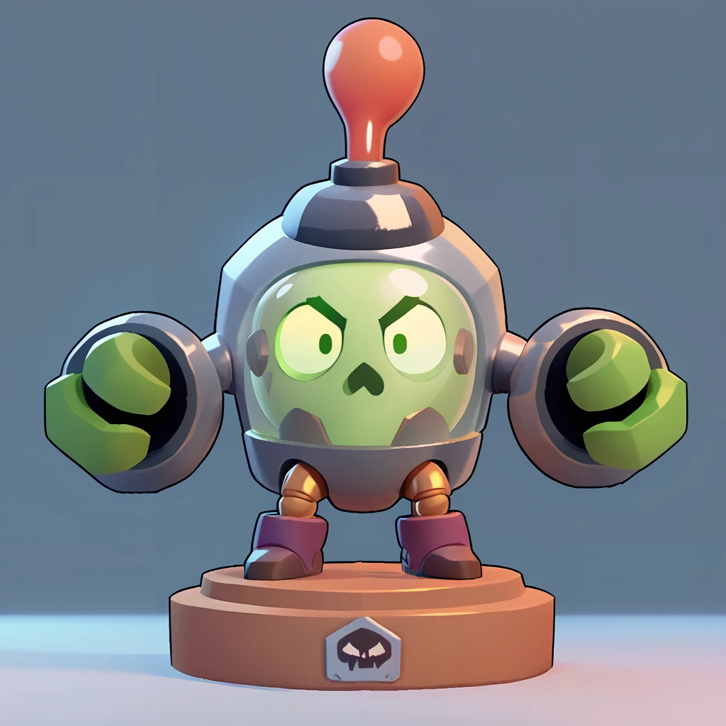full body view of robot mixed with incubator, living skull in incubator, transparent muscular green arm, nuclear logo, brawl, brawl stars