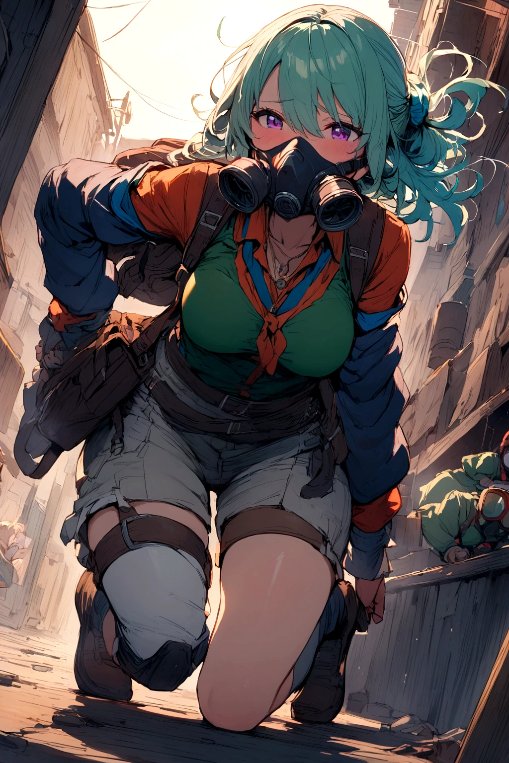 Anime girl with a gas mask farts on her friend