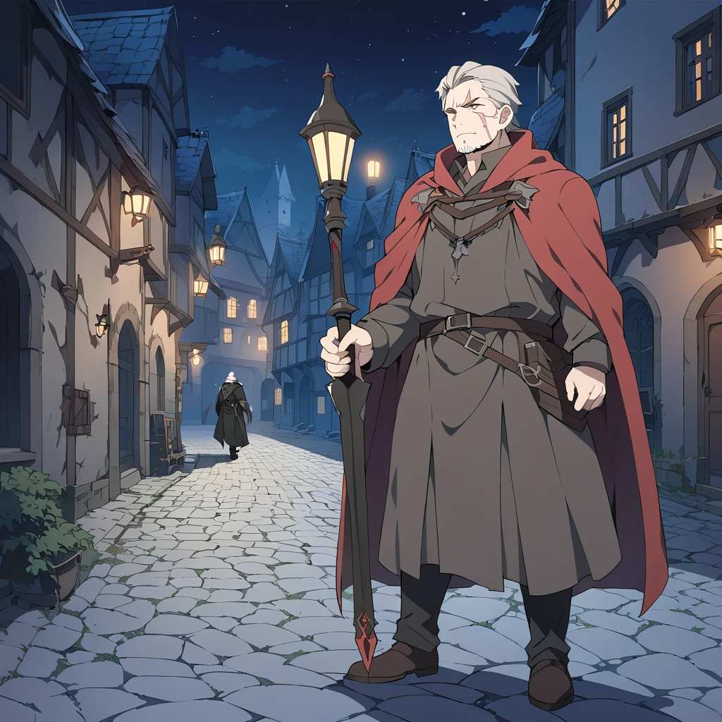 A mature and stable middle-aged man,His profession is a demon hunter.,Wearing a cape,Holding a sword,There are some scars on the face,Walking in the streets of medieval Europe,Night view。Mid-ground composition,Full body pictures,Colored screen,Anime illustration style,HD,4K。