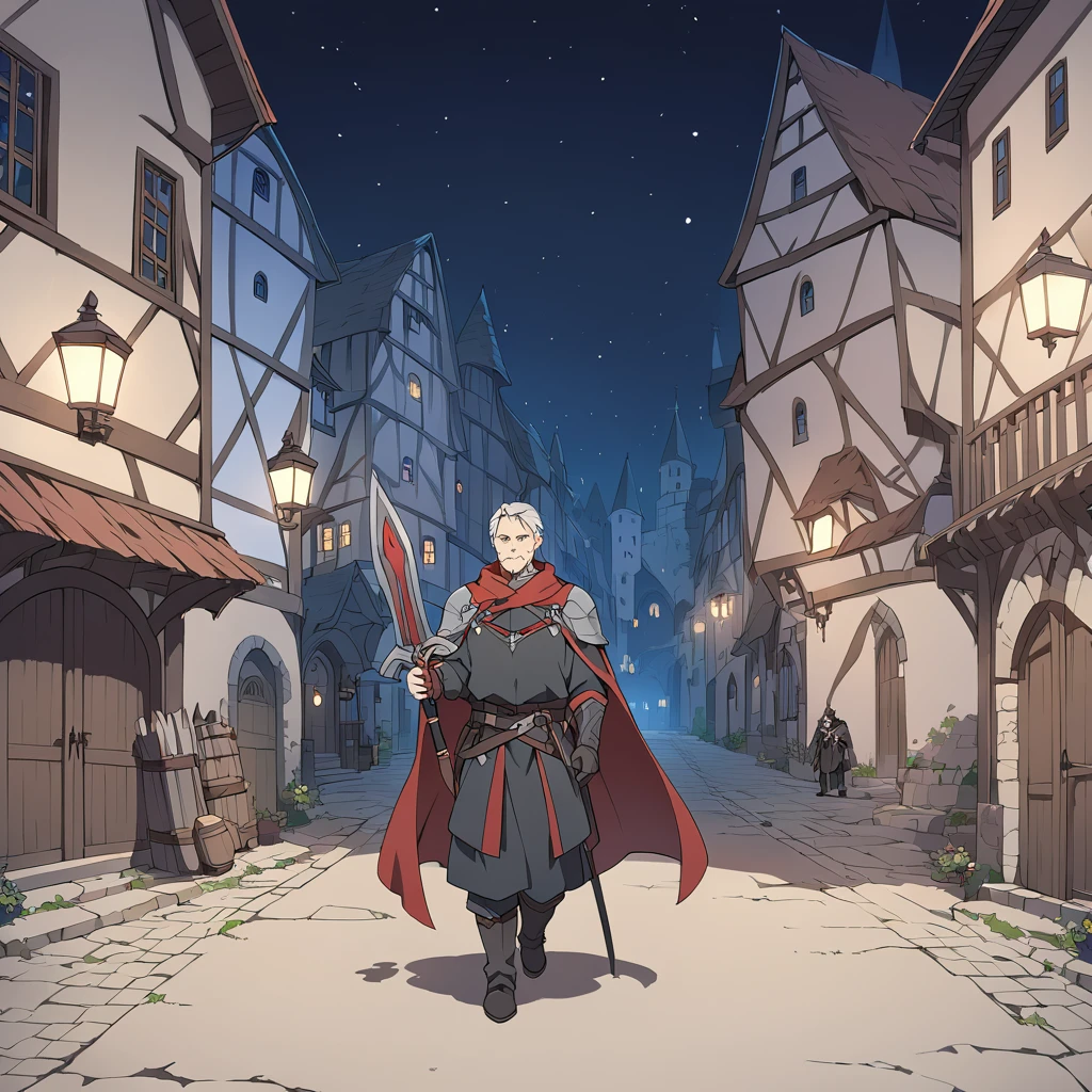A mature and stable middle-aged man,His profession is a demon hunter.,Wearing a cape,Holding a sword,There are some scars on the face,Walking in the streets of medieval Europe,Night view。Mid-ground composition,Full body pictures,Colored screen,Anime illustration style,HD,4K。