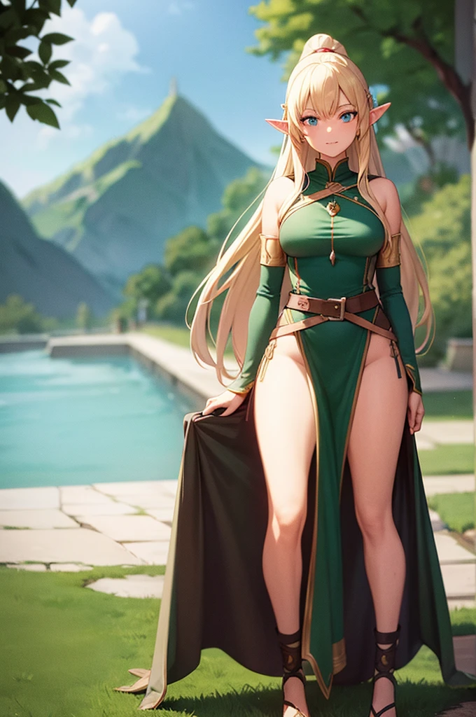 an elf with pointy ears, fantasy medieval elf clothes, full body , full hd , high qualiy, em pe , idle, bakgound black
