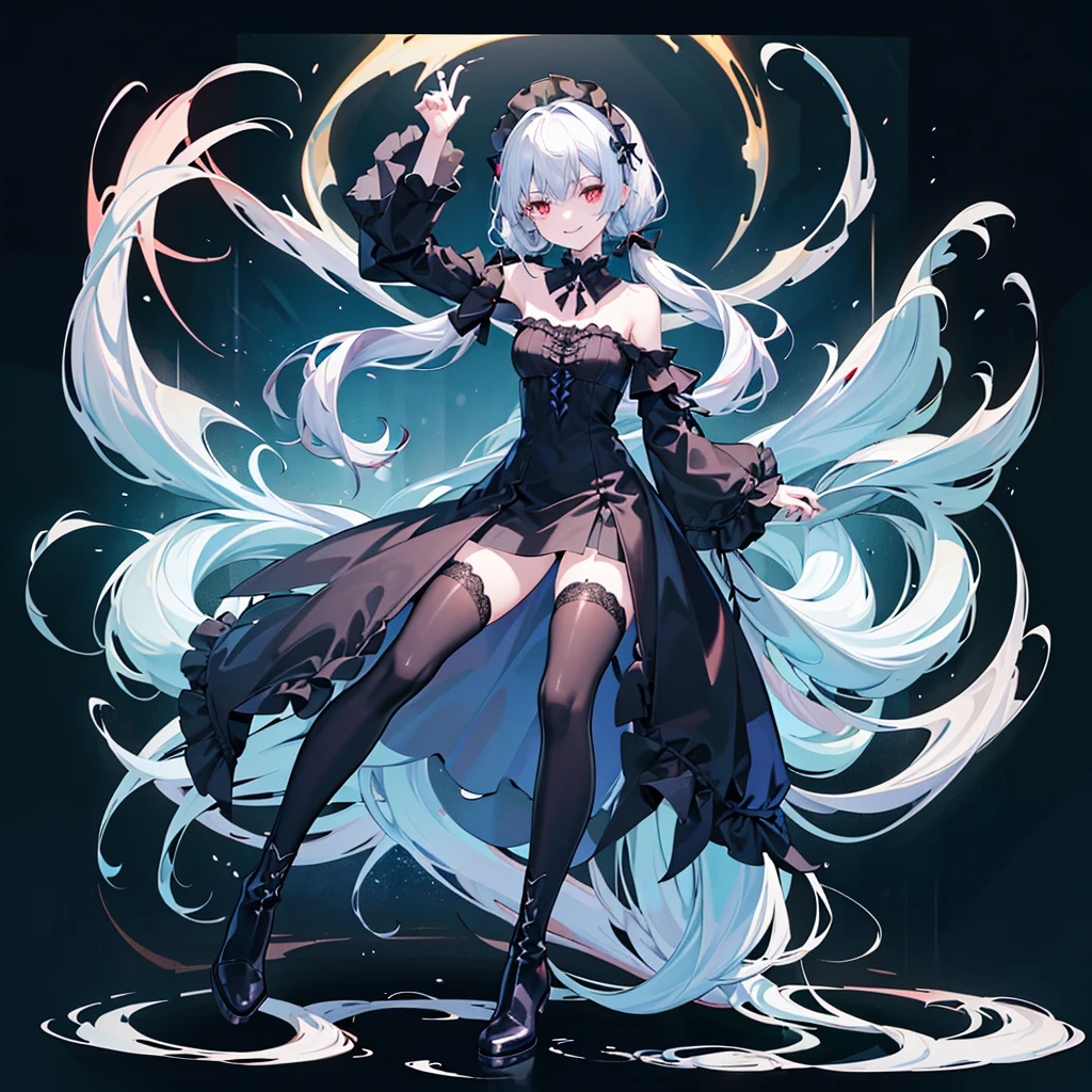 [(white background:1.4)::5],original,(illustration:1.1),(best quality),(masterpiece:1.1),(extremely detailed CG unity 8k wallpaper:1.1), (colorful:0.9),(mid shot:0.95),(full body:1.5),Dynamic angle,(solo:1.2), (girl),((adult)), (detailed beautiful eyes:1.15), (beautiful face:1.15), (glowing red eyes:1.25////),((dark blue long hair)),(blunt bangs),(low twintails),(+perfect hand+:1.21),(Draw an illustration of a gothic girl),(Religious),(slender),(is wearing boots on her feet),((is wearing black dress)),(furious), Lace Off-shoulder lolita fashion,beautiful slender woman,((evil smile)),dark blue short hair,dark blue short hair,laugh,