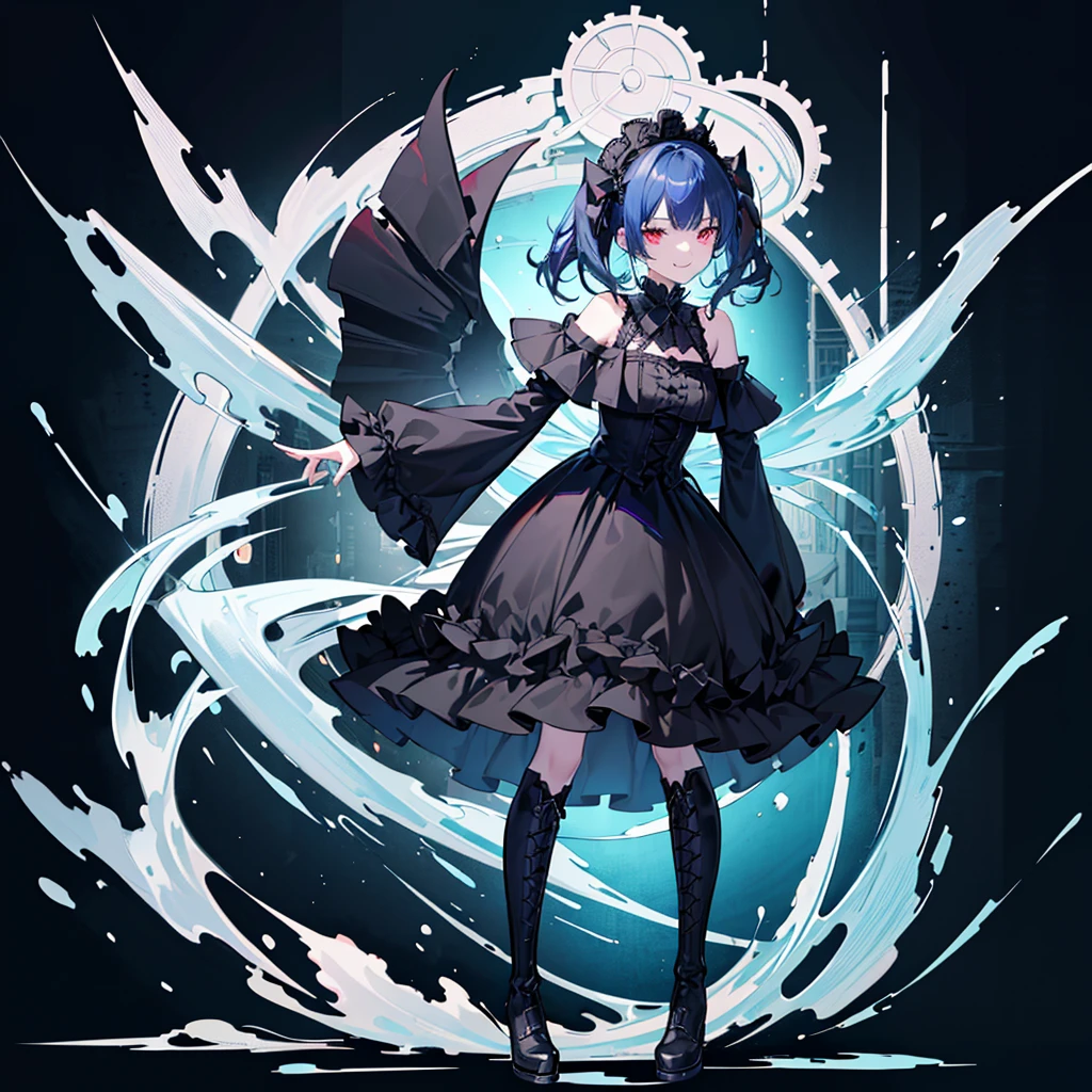[(white background:1.4)::5],original,(illustration:1.1),(best quality),(masterpiece:1.1),(extremely detailed CG unity 8k wallpaper:1.1), (colorful:0.9),(mid shot:0.95),(full body:1.5),Dynamic angle,(solo:1.2), (girl),((adult)), (detailed beautiful eyes:1.15), (beautiful face:1.15), (glowing red eyes:1.25////),((dark blue long hair)),(blunt bangs),(low twintails),(+perfect hand+:1.21),(Draw an illustration of a gothic girl),(Religious),(slender),(is wearing boots on her feet),((is wearing black dress)),(furious), Lace Off-shoulder lolita fashion,beautiful slender woman,((evil smile)),dark blue short hair,dark blue short hair,laugh,
