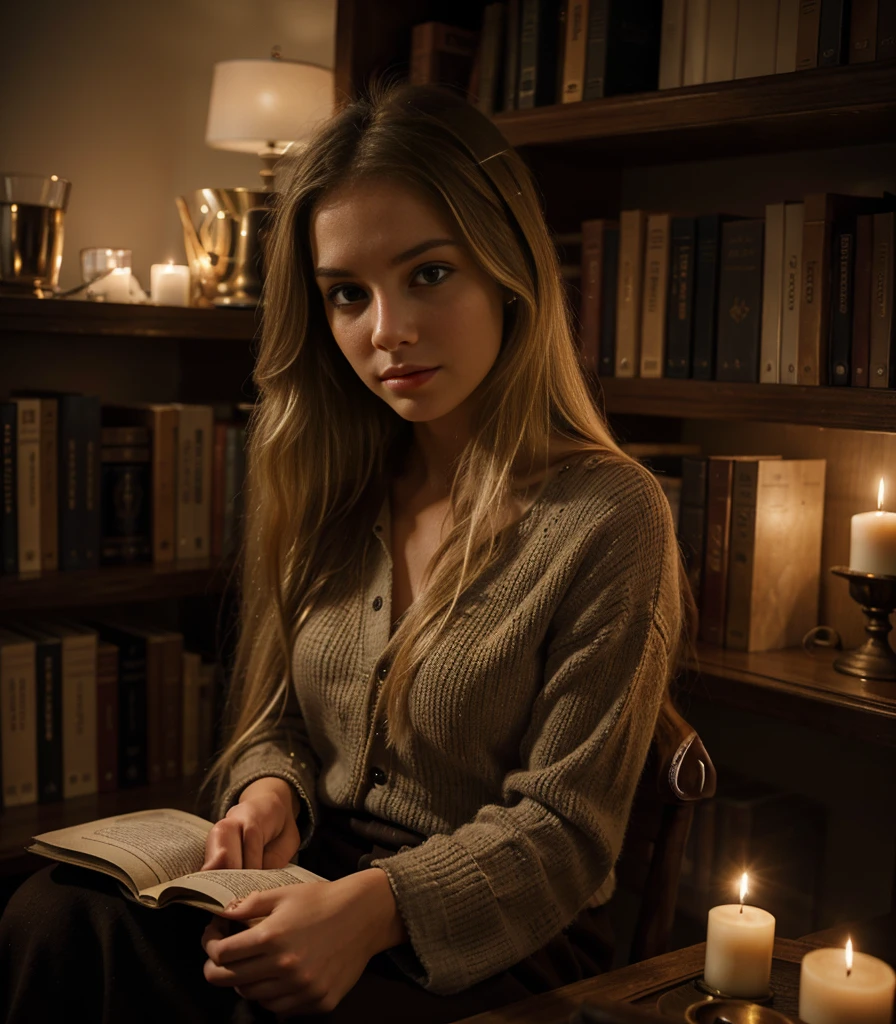 A mysterious and engaging scene, with a young woman, with long blonde hair, sitting in a cozy environment lit by soft candlelight.  She is dressed elegantly and contemporary, with an old book open in her hands.  In the background, a shelf full of old books and art objects, which add a touch of mystery and charm.  The room has warm, dark tones, with dark wood details and heavy curtains.  The young woman's expression is enigmatic, as if she were about to reveal a secret or narrate a fascinating story.