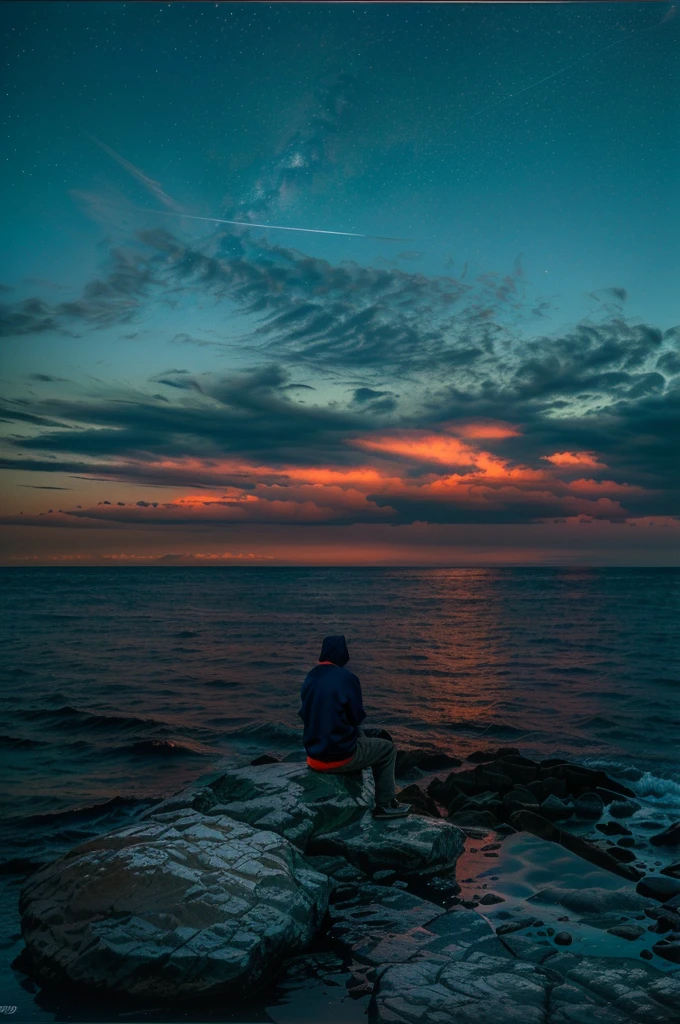 there is a men wearing hoodie and sitting on a rock looking out at the ocean, looking out over the sea, pensive , fading off to the horizon, looking out at the ocean, looking into the horizon, gazing off into the horizon, gazing at the water, looking into the distance, somber mood, looking off into the distance, standing beside the ocean, dark sky, 8K, perfect photo,  realistic photo,  fade, film, cinematic color