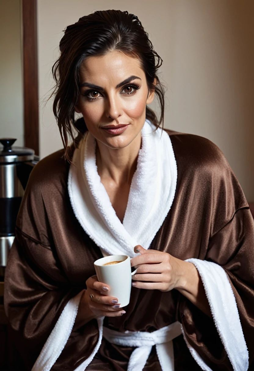 extreme bearded lady shaggy, brown eyes, wet brown hair slicked back, big nose, in dressing gown serves coffee