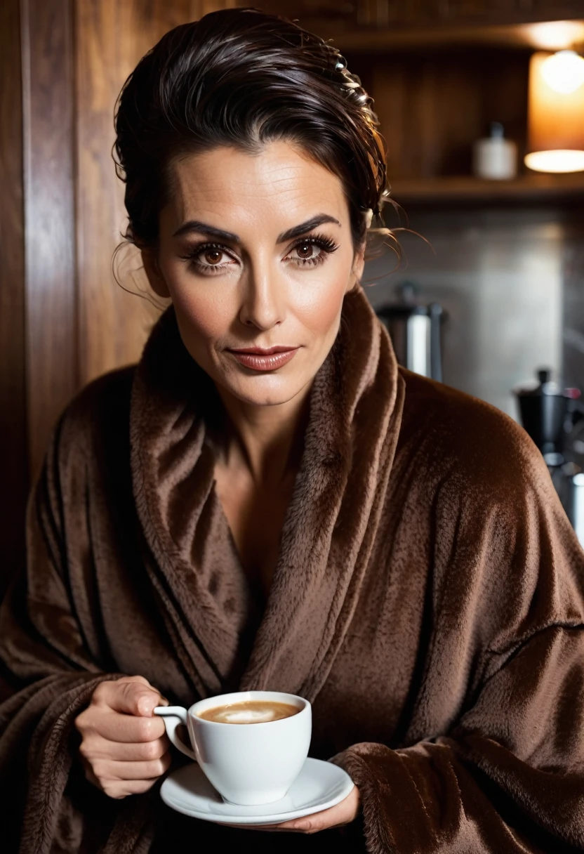 extreme bearded lady shaggy, brown eyes, wet brown hair slicked back, big nose, in dressing gown serves coffee