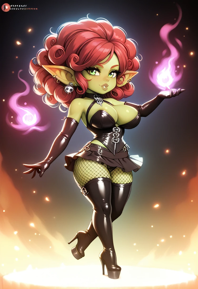 Girl, goblin girl, goblin, green skin, short, short stature,long hair, red hair, curly hair, large breasts, miniskirt, latex, long gloves, thigh boots, goth, pouty lips, masterpiece, best quality, sexy, dynamic pose, 8k, shortstack, sfw, shiny, fantasy, dungeons and dragons, high heels,  fishnets, holding, dark green skin, adventurer, latex miniskirt, sexy pose, skirt, sorcerer, sorceress, pyromancer, fire, magic