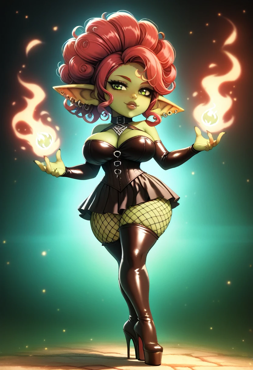 Girl, goblin girl, goblin, green skin, short, short stature,long hair, red hair, curly hair, large breasts, miniskirt, latex, long gloves, thigh boots, goth, pouty lips, masterpiece, best quality, sexy, dynamic pose, 8k, shortstack, sfw, shiny, fantasy, dungeons and dragons, high heels,  fishnets, holding, dark green skin, adventurer, latex miniskirt, sexy pose, skirt, sorcerer, sorceress, pyromancer, fire, magic