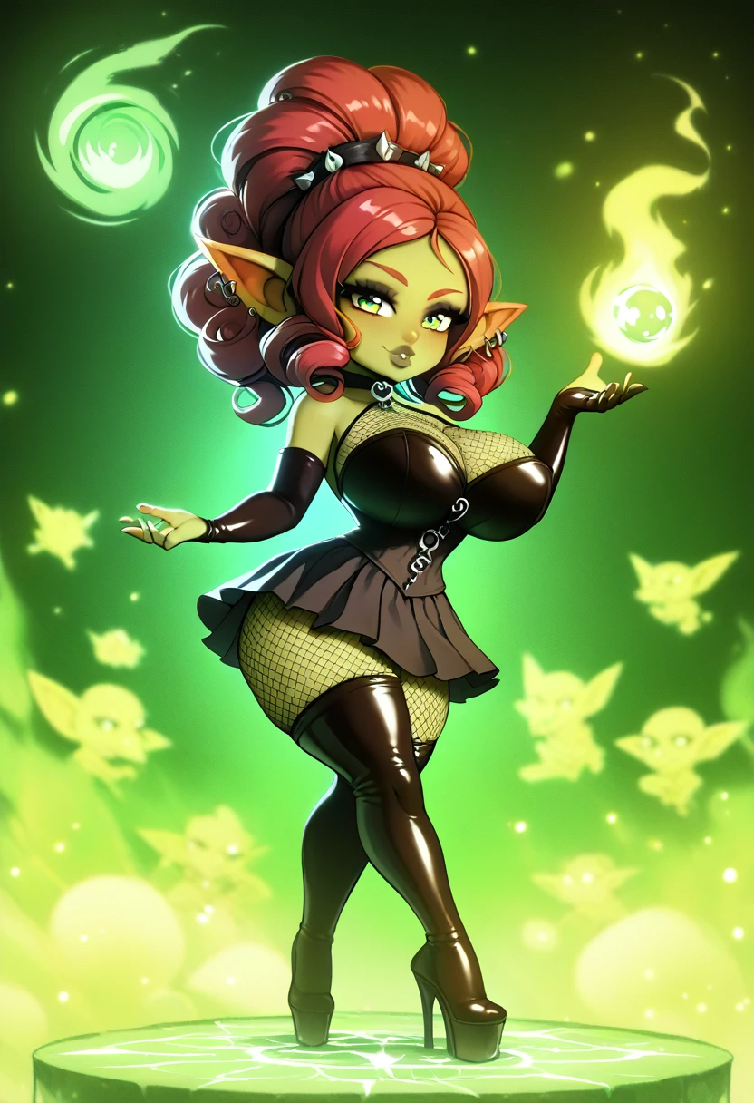 Girl, goblin girl, goblin, green skin, short, short stature,long hair, red hair, curly hair, large breasts, miniskirt, latex, long gloves, thigh boots, goth, pouty lips, masterpiece, best quality, sexy, dynamic pose, 8k, shortstack, sfw, shiny, fantasy, dungeons and dragons, high heels,  fishnets, holding, dark green skin, adventurer, latex miniskirt, sexy pose, skirt, sorcerer, sorceress, pyromancer, fire, magic