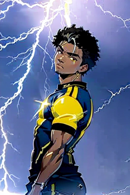 [work of art], [ultra detaild], [best qualityer], young man with dark skin strikes an imposing pose with powers of lightning and thunder that surround his body, short afro hair, serene gaze, 2000s modern casual clothing, (bright look), (rays volumetric yellow light), conjures lightning and thunder with volumetric light, conjures thunder in hands, conjures thunder on your fingers, rays expel into the body, rays in the eyes, lightning and thunder in the hair, black and yellow clothes, [spokes in front], bright illuminated look, fun and calm personality.
