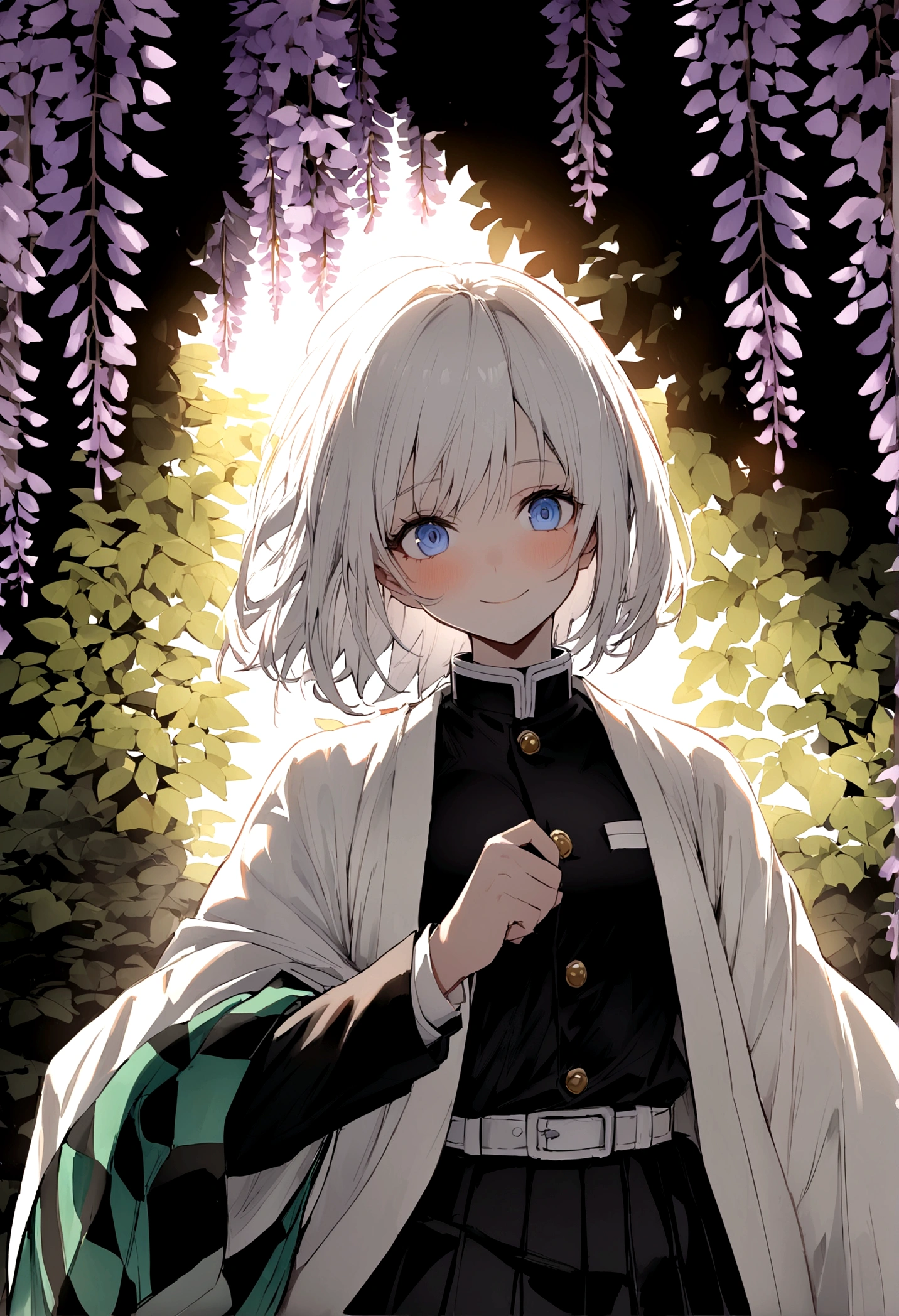 (Manga Demon slayer) a girl with white hair, blue eyes,Demon Slayer uniform, Her uniform was a skirt,a low-cut shirt, and a white haori with black lines, he had a big smile,I was greeting someone, It was in a place with many wisteria trees.*