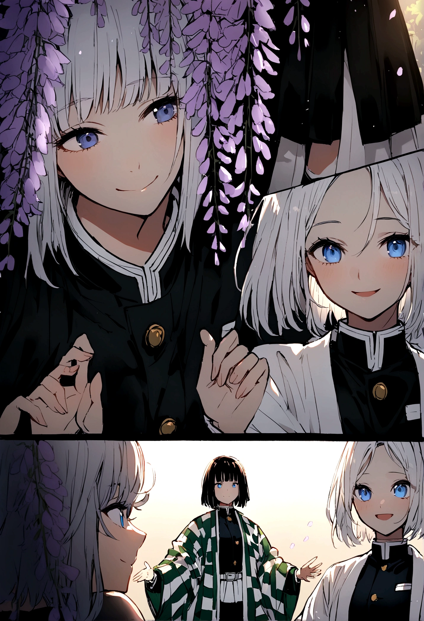 (Manga Demon slayer) a girl with white hair, blue eyes,Demon Slayer uniform, Her uniform was a skirt,a low-cut shirt, and a white haori with black lines, he had a big smile,I was greeting someone, It was in a place with many wisteria trees.* 