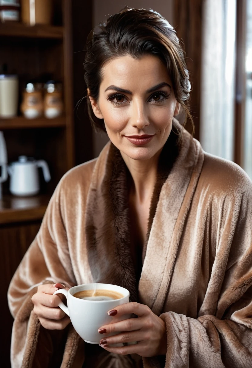 hirsute bearded lady shaggy, brown eyes, wet brown hair slicked back, big nose, in dressing gown serves coffee