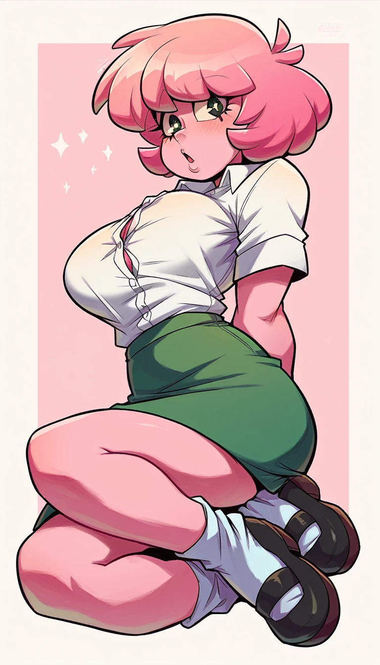 a beautiful sexy woman big breast beauty pink skin short pink hair disheveled her black eye yellow pupil dresses white button down shirt and a short dark green skirt pair of white socks long black shoe