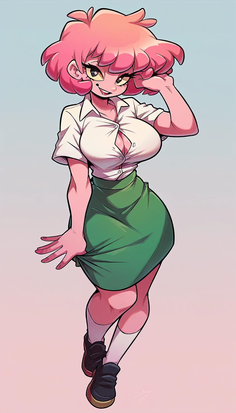  a beautiful sexy woman big breast beauty pink skin short pink hair disheveled her black eye yellow pupil dresses white button down shirt and a short dark green skirt pair of white socks long black shoe