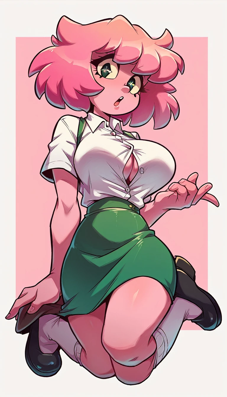 a beautiful sexy woman big breast beauty pink skin short pink hair disheveled her black eye yellow pupil dresses white button down shirt and a short dark green skirt pair of white socks long black shoe