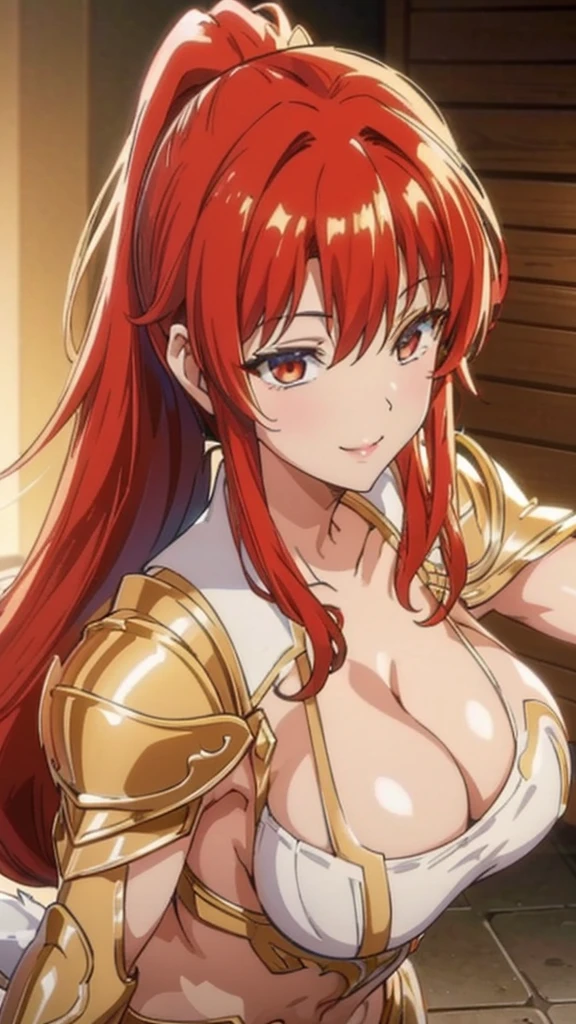 Gold Armor, 4K image, assembly, best quality, masterpiece, movie lighting ，Sexy，Large Breasts，Cleavage，action，In battle，Cleavage，Smile，noble，light beam from hand，Golden lightning surrounds，Red hair，Ponytail hairstyle，Saint Seiya Leo Aiolia，Blink，Lipstick，High purchase price