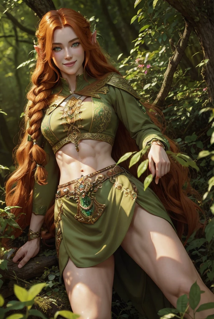 masterpiece, fulllength, perfect body, perfect face, ginger hair, long braided hair, fantasy character, druid, wood elf, perfect breasts, thighs, midriff, green eyes, magical, smiling, muscular, abs