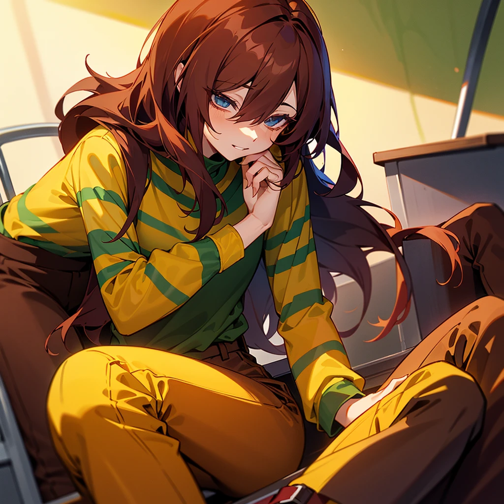 Deltarune, Deltarune Kris, yellow skin, Dark maroon hair, shoulder length hair,, dark maroon pants, dark maroon shoes, Lime green shirt with yellow stripe, striped shirt, long sleeve shirt, sitting in a sunny classroom, bored, holding head in hands