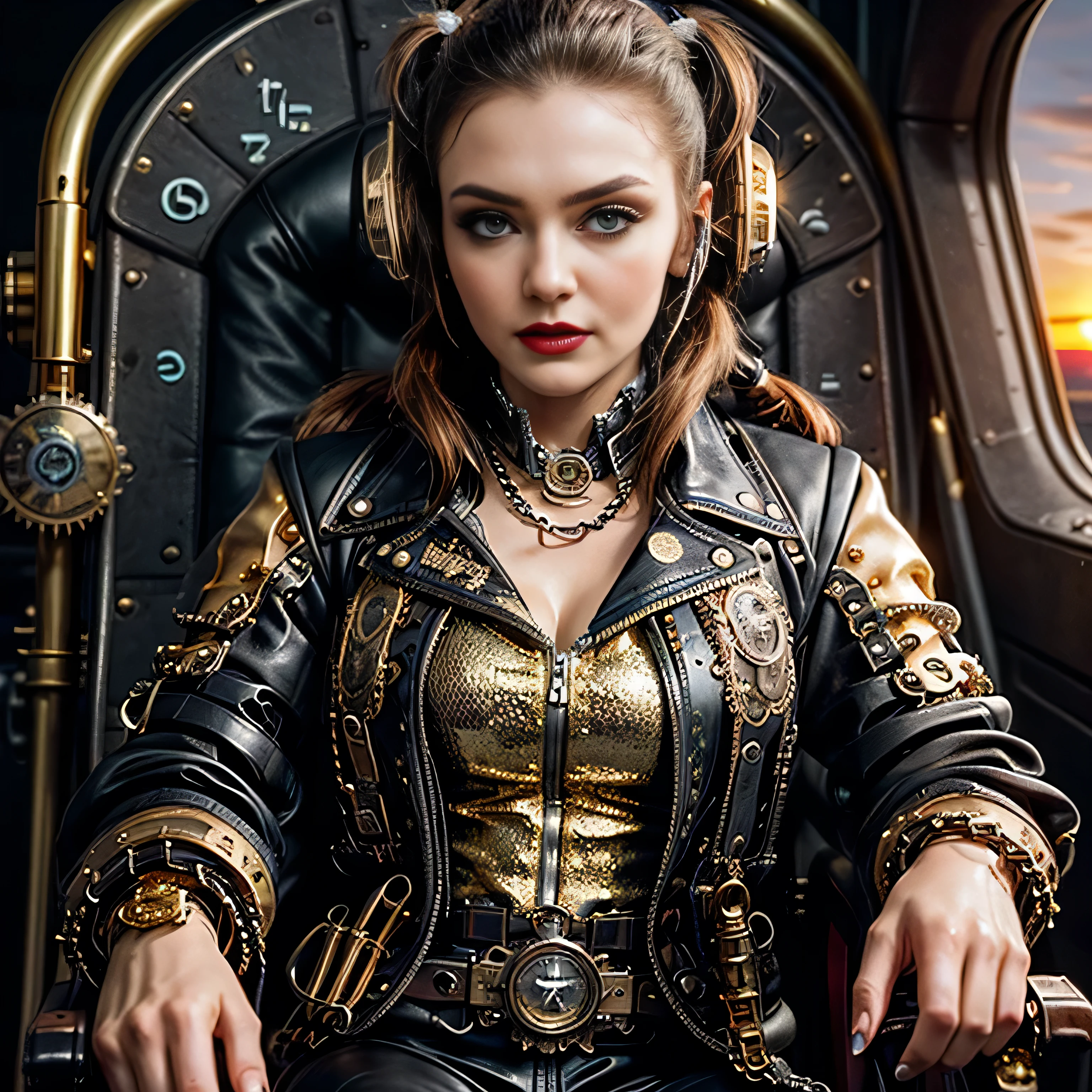 ((masterpiece, photorealistic:1.4, extremely intricate:1.3, photon mapping, radiosity, physically based rendering, ultra resolution, hyper-realistic, photorealistic:1.4, hyper-realistic, 8K)), ((((athletic female midbody, long pigtails windy [blonde hair:bright ginger hair:0.4], (([flat chest:medium breasts:0.8], upper body)), ((makeup:1.6, perfectchainmail, gold black jacket), red lips, bright sunlight, sunset, silk shirt))))), outdoors, metal reflections, (futuristic apocalyptic city destroyed), professional photograph, soft focus, dramatic, award winning, cinematic lighting, volumetrics dtx, (film grain, blurry background, blurry foreground, bokeh, depth of field), BREAK; BREAK, (((((background steampunk machine cockpit, sitting in a black leather chair, dials, switches)))))