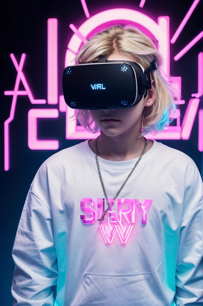 The central figure is a boy with blonde hair. He is wearing a white outfit. His eye's are obscured by a digital-vr black bar there is a text in the bar "FT. WILLYYY" in white colour, glitch font. The background is vibrant by pink and blue neon lights, it giving a cyberpunk aesthetic.