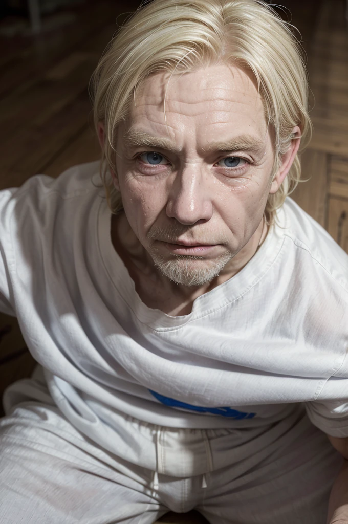 portrait of a beggar man (((white with blonde hair))), (((wrinkled face))), seeming to have (((56 years old)))(((blusa azul)))(((Gray pants)))